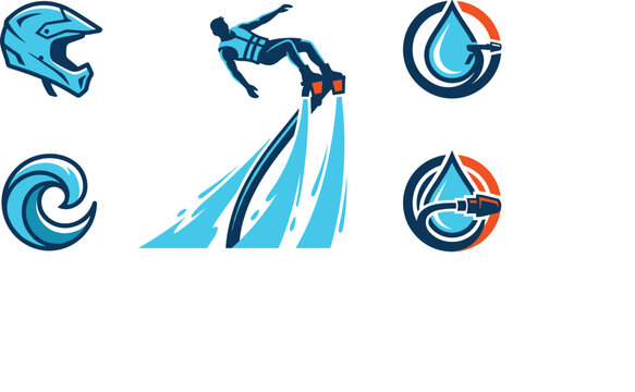 Flyboard Extreme Water Sport Icon Set with Flyboarding Rider Athlete Helmet Water Wave and Jet Hydroflight Nozzle Symbols Vector Graphics