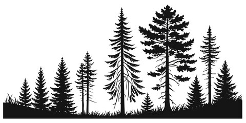 Minimalist pine forest landscape silhouette graphic with silhouette landscape coniferous evergreen woodland outdoors background wilderness botanical isolated contrast mountain panoramic © Gf