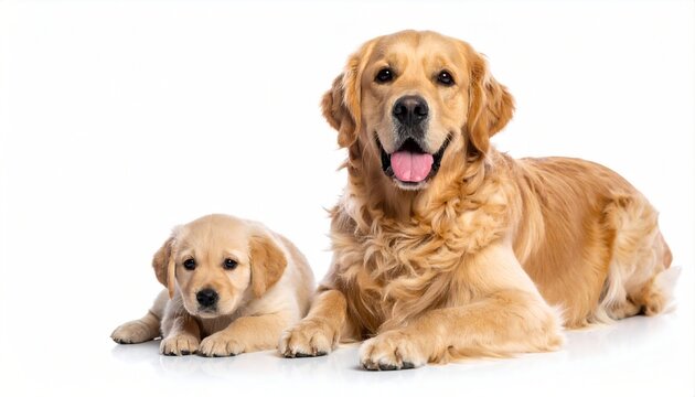 Goldador puppy and adult dog lying together isolated on white background with copy space