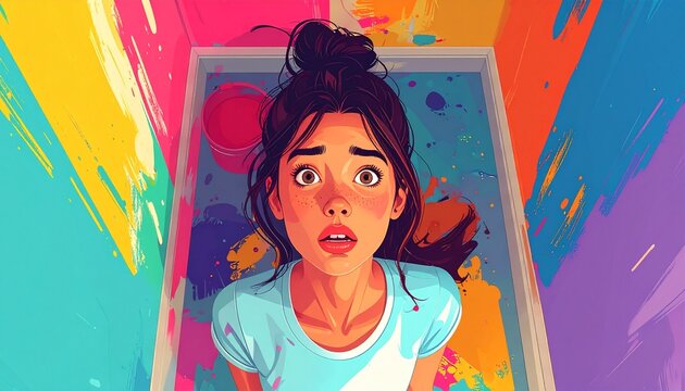Painting into a Corner. A top-down view of a character painting a floor with a bright, vivid color.
