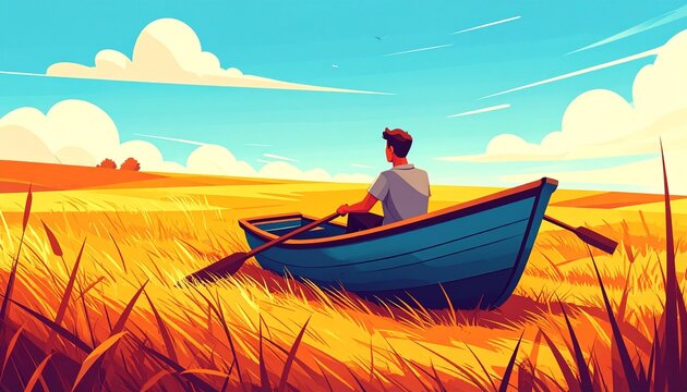 Rowing a Boat on Land. An illustration of a character sitting in a small rowboat, rowing with great effort and motion lines.

