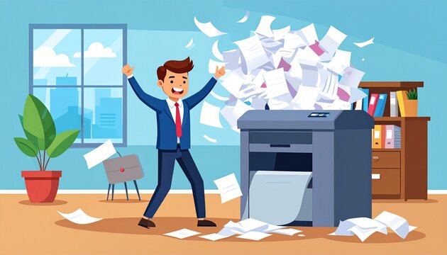 The Infinite Paper Jam. A humorous illustration of a frustrated office worker pulling an impossibly long, tangled, and accordion-like piece of paper from a printer or photocopier.
