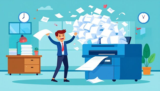 The Infinite Paper Jam. A humorous illustration of a frustrated office worker pulling an impossibly long, tangled, and accordion-like piece of paper from a printer or photocopier.
