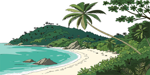 Illustrated tropical beach scene with palm trees and ocean tropical landscape coastline vacation paradise seascape shoreline background illustration relaxing peaceful environment © Gf