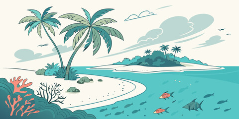 Undersea marine life and tropical beach illustration with underwater tropical landscape undersea vacation paradise environment background illustration colorful wildlife swimming relaxation © Gf