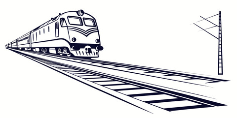 Passenger train moving on railroad tracks line art illustration with railroad locomotive transportation commuter passenger infrastructure traveling transport railroadtracks traveler movement © Gf