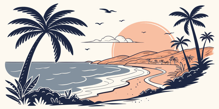 Graphic illustration of a tropical sunset beach scene with palm trees and birds tropical landscape vacation paradise silhouette twilight peaceful coastline illustration environment relaxing