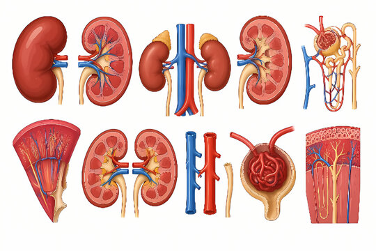 Anatomical Illustration of Human Kidneys and Nephron Structure: A detailed scientific illustration showcases the anatomy of human kidneys, including sagittal and coronal sections.