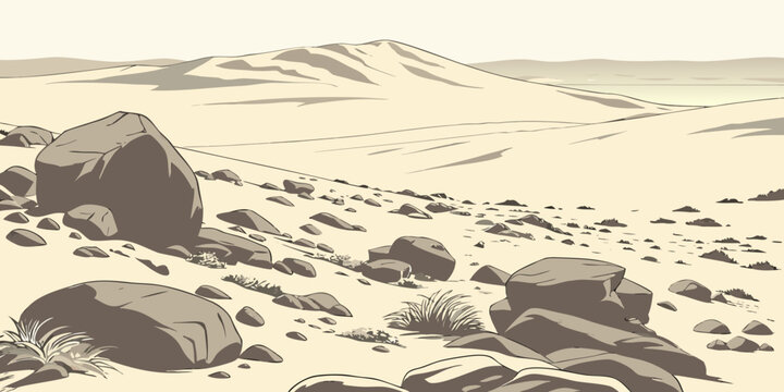 Stylized graphic illustration of a rocky desert terrain and rolling hills with landscape boulders wilderness illustration sunlight environment background adventure creative outdoors desolate