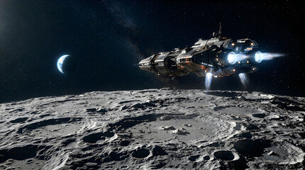 Fototapeta premium Commercial heavy spaceship preparing for departure from moon surface with rocky crater landscape and earth in background.