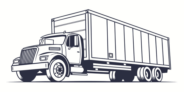 Vector line art of a semi-trailer box truck for commercial transport and logistics industry with transport logistics delivery shipping commercial transportation container automotive monochrome