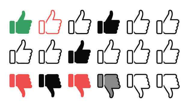 Set of like and dislike thumb icons in different colors isolated on transparent background vectors.