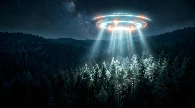 Disc shaped ufo ship floating above mountains and forest under starry milky way sky casting brilliant white light rays.