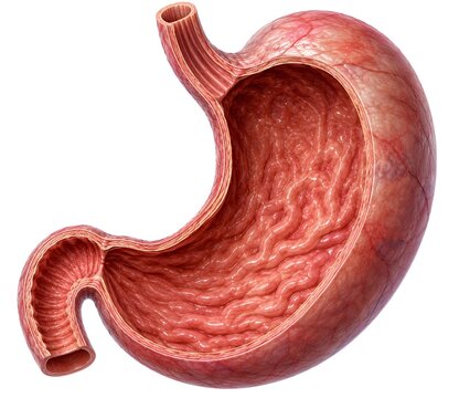 Human stomach anatomy featuring a realistic cross-sectional view with visible gastric mucosa, rugae folds, muscular wall, and vascular surface textures.