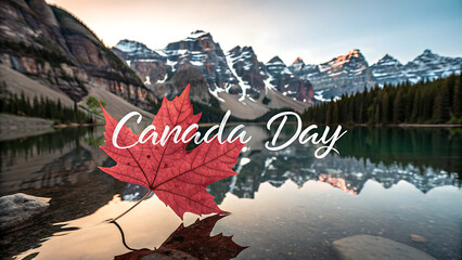 Happy Canada Day greeting card with red maple leaf floating on Moraine Lake, reflection of Canadian Rocky Mountains in Alberta at sunrise