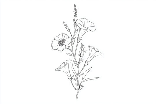Delicate hand drawn line art illustration of wild bindweed flowers.