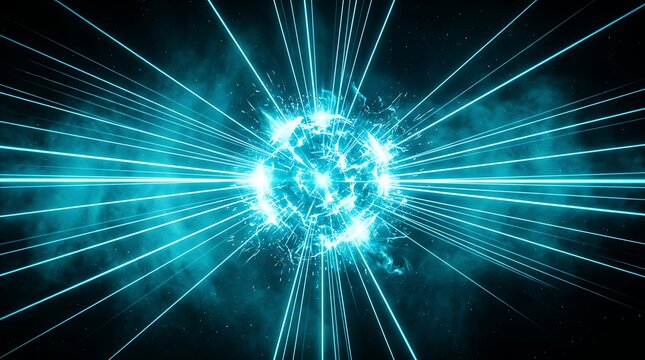 Bright glowing blue sphere emitting intense light rays and electrical energy pulses across a dark cosmic background with swirling nebula clouds in this digital art composition