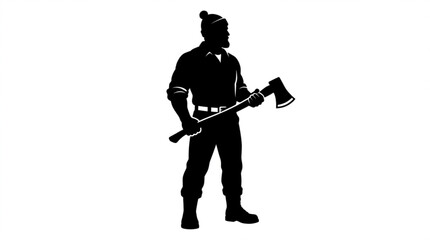Naklejka premium Man in silhouette holds large axe standing alone outdoors