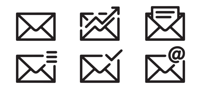 Outline email icons featuring message analysis check mark at symbol and incoming document on grid.