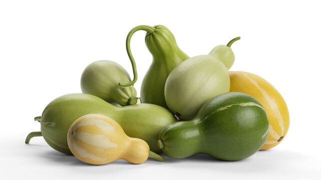 Assortment of various green and yellow gourds and bottle shapes on white background