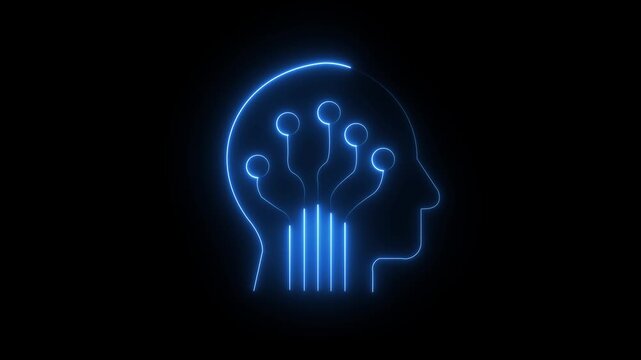 Glowing neon ai-brain icon isolated on black background. HD Video motion graphic animation icon artificial intelligence 4k video animation