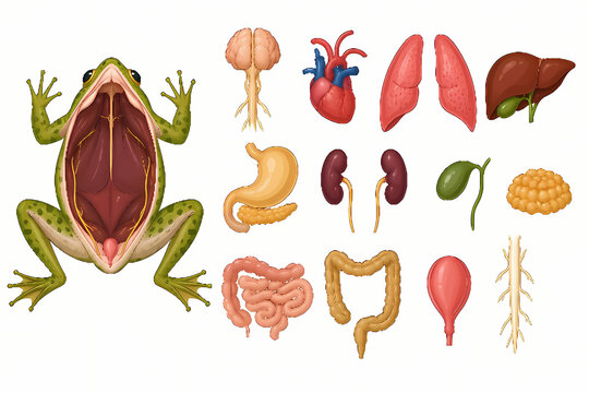 Frog Anatomy Diagram: A detailed illustration showcasing the internal organs of a frog, alongside individual organ representations for educational purposes.
