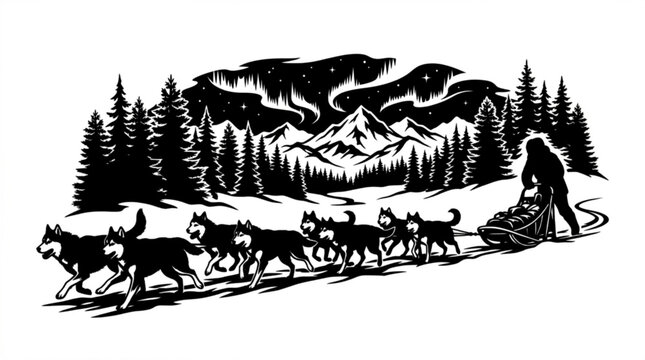 A person is mushing through snowy mountains with a team of happy dogs.