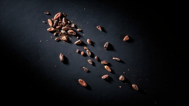A collection of scattered seeds on a dark surface, showcasing their natural brown color and varied shapes.