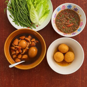 Thai Jaew Hon Hot Pot Set with Vegetables, Meat, Eggs and Dipping Sauce, Top View