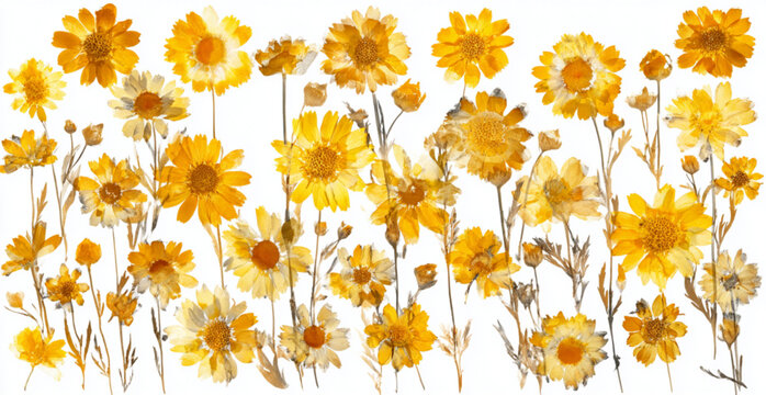 Watercolor Illustration of Vibrant Yellow Wildflowers on White Background.