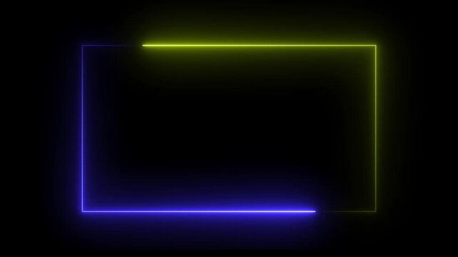  neon Square Rectangle picture frame icon animation glowing yellow and blue color party show seamless footage border frame display neon box line smooth effect on black background	