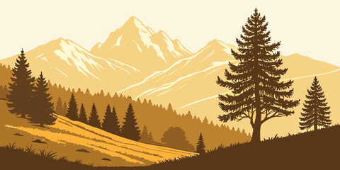 Obraz premium Mountain range landscape with evergreen pine trees and a rolling meadow at sunset mountain landscape evergreen outdoors wilderness illustration background woodland altitude adventure