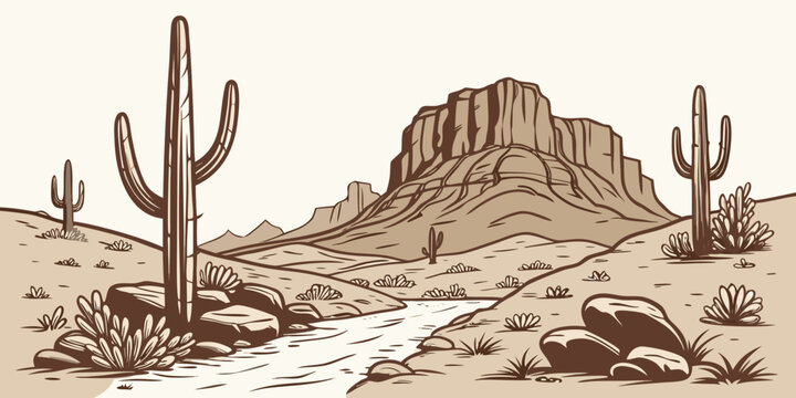 American southwest desert landscape with mesa and saguaro cactus landscape mountain illustration wilderness adventure southwest monochrome environment aesthetic landmark minimalist