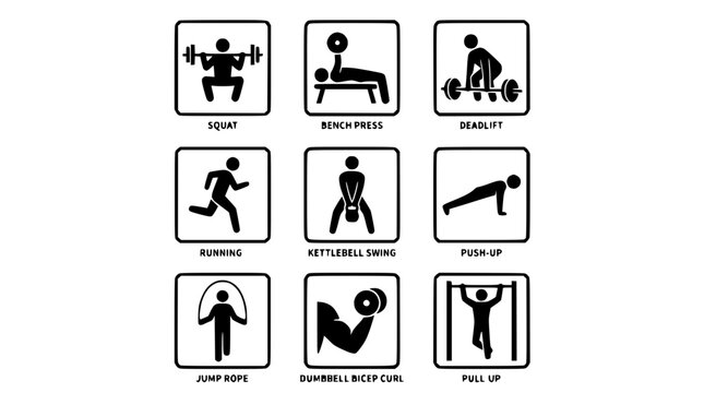 A collection of gym workout icons featuring various exercises and equipment