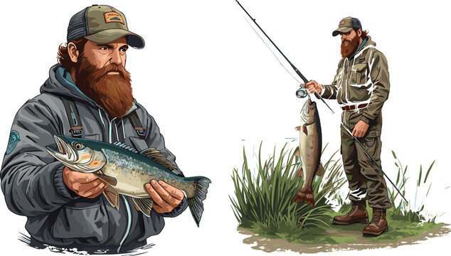 Bearded Fisherman Vector Character Set Holding Big Catch Salmon and Trout Fish with Fishing Rod for Outdoor Recreation Sportsman Hobby Logos and Adventure Apparel Designs