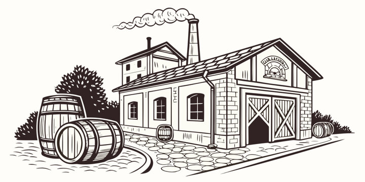 Graphic illustration of a historic brewery with cobblestone yard and wooden barrels building architecture industry cobblestone illustration exterior distillery historic traditional business