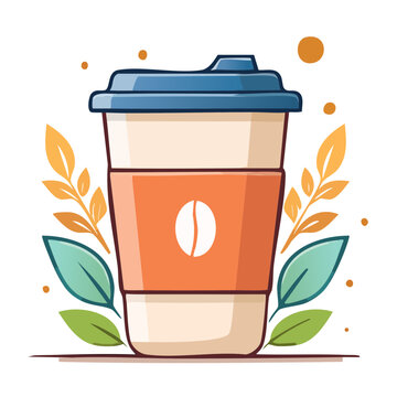 Flat design illustration of a takeaway coffee cup with leaves