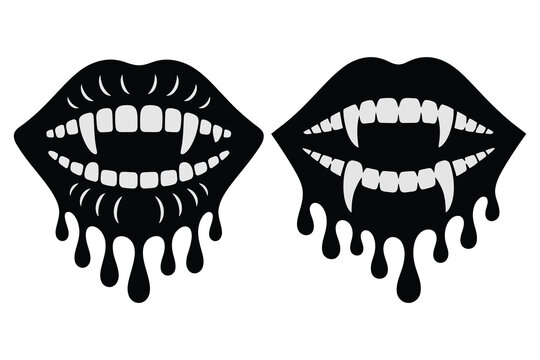 Two vampire lips with dripping mouth teeth fangs