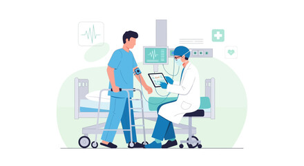 Fototapeta premium Doctor with Tablet Examines Patient Using Walker in Hospital Room