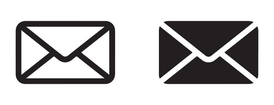 Professional black outline and solid envelope mail icons for web interface isolated on grid background.