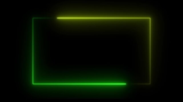  neon Square Rectangle picture frame icon animation glowing yellow and green color party show seamless footage border frame display neon box line smooth effect on black background	