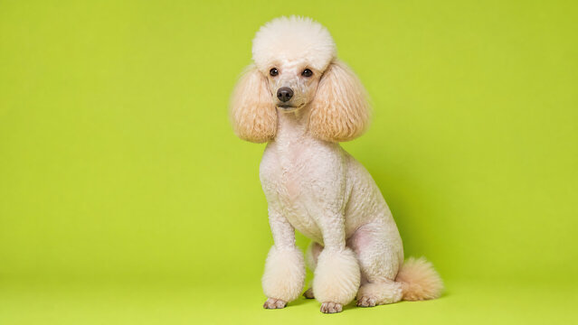 A stylish poodle poses elegantly against a vibrant green backdrop, showcasing its fluffy coat and charming features.