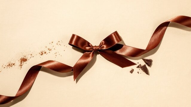 Brown ribbon tied in a bow on a beige background with particles