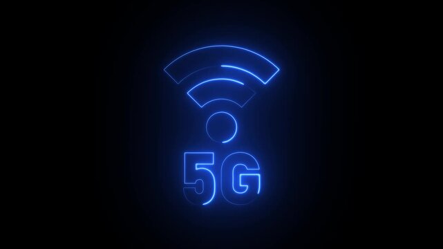 Blue neon 5G symbol and wifi signal waves on a black background fifth generation mobile