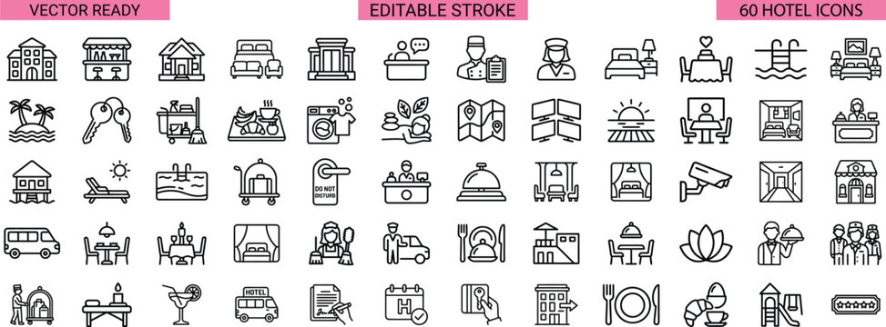 Hotel Hospitality And Resort Line Icons Bundle Editable Stroke Vector Collection For Accommodation Guest Services Travel And Tourism Design