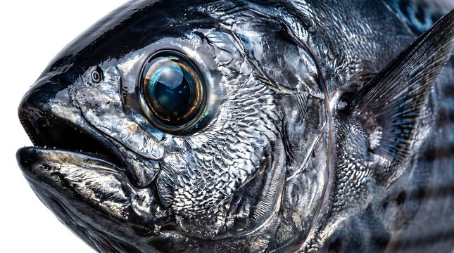 Close up macro photography of a fresh mackerel fish head.