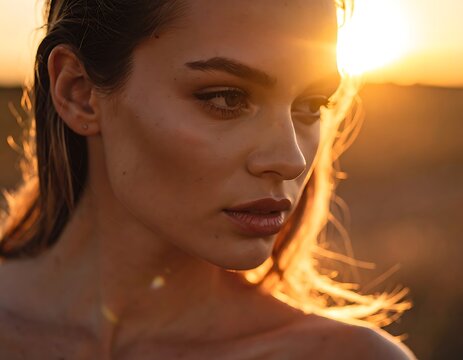 A woman with a serene expression faces the sunset