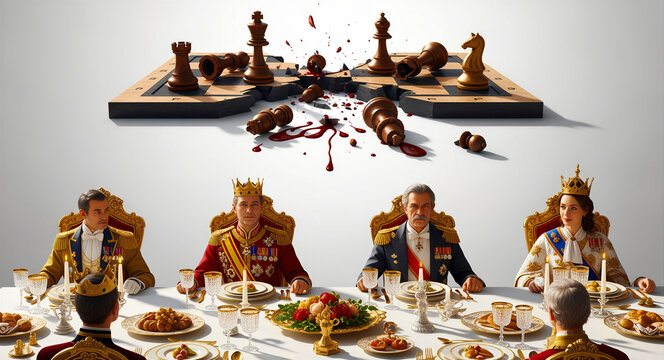 Royal leaders sit at a formal dinner with a broken bleeding chessboard above. Monarchs in uniform represent diplomatic tension. Political conflict metaphor for strategic business and editorial use.