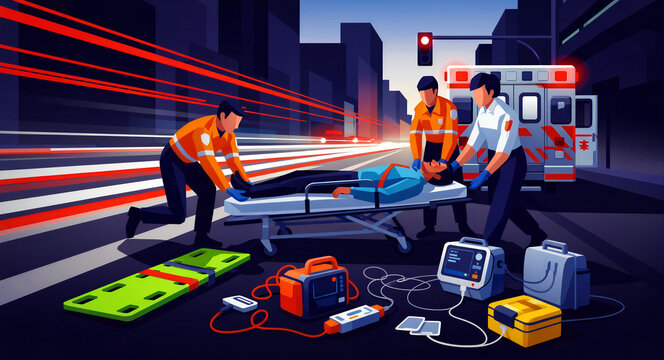 Paramedics treating an injured person on a stretcher in a night emergency. EMT team working near an ambulance with medical gear on a city street. Emergency response concept, ideal for safety.