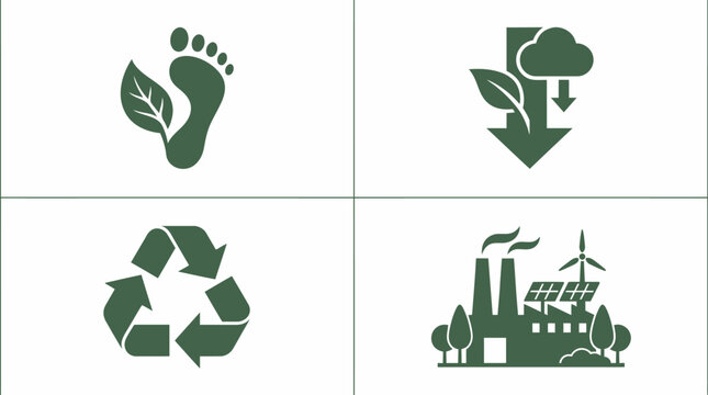 Set of green environmental conservation icons representing carbon footprint recycling and sustainable industry